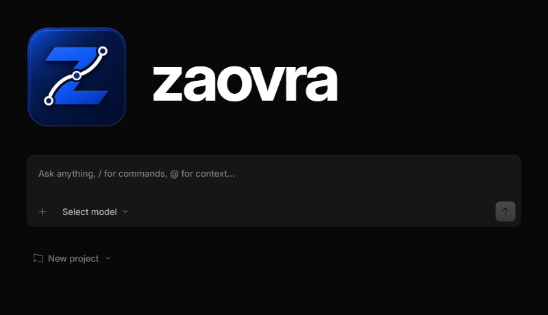 Zaovra new-session interface with model selection and a local project workspace